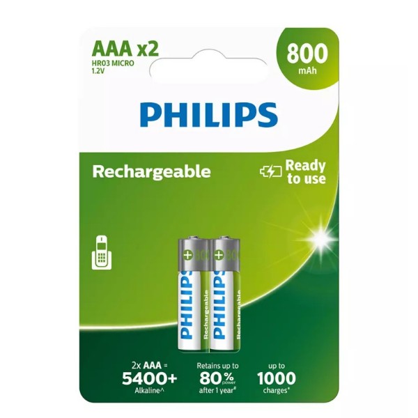 Philips Rechargeable Batteries Ni-MH 2pcs AAA R03B2A80/10
