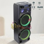 1208 Dual 2x 12 inch Large Wooden Professional DJ Karaoke Partybox Wireless Bluetooth Speaker RGB LED Light with 2x Wireless Microphones